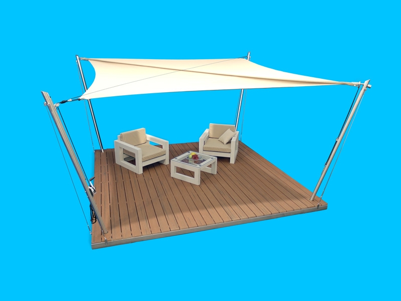 Eine Sonnensegel-Lounge mit vollstänidig ausgerolltem Sonnensegel. Eine Sonnensegel-Lounge mit vollstänidig ausgerolltem Sonnensegel.
